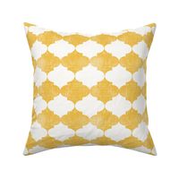 Small Golden Yellow Vintage Quatrefoil  Distressed Weave, Time-Worn Texture with an Artisan Touch