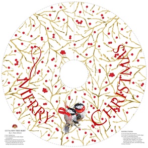 Our First Merry Christmas | Chickadees 44" Tree Skirt | Red, Black, Gold