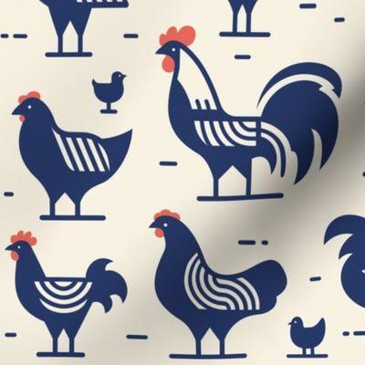 Abstract Blue Chickens (medium scale pattern). Flat geometric stylized. Animal, chook, cock, bird, modern, minimalist.