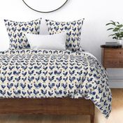Abstract Blue Chickens (medium scale pattern). Flat geometric stylized. Animal, chook, cock, bird, modern, minimalist.