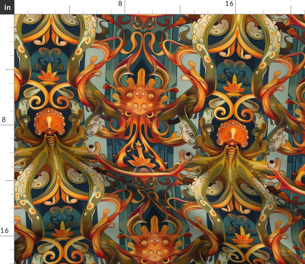 abstract art nouveau octopus tentacles in green gray and orange red