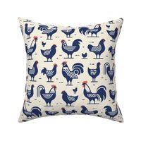 Abstract Blue Chickens (small scale pattern). Flat geometric stylized. Animal, chook, cock, bird, modern, minimalist.
