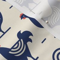 Abstract Blue Chickens (small scale pattern). Flat geometric stylized. Animal, chook, cock, bird, modern, minimalist.