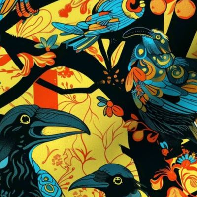 neon art nouveau crows in yellow and blue black