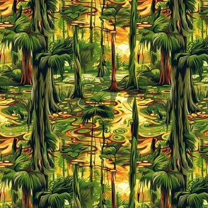 art nouveau cypress swamp landscape in yellow gold and green
