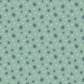 Frosty Love: adorable Winter Pattern of Snowflakes and Hearts in green, blue and white