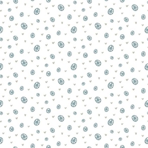 Frosty Love: adorable Winter Pattern of Snowflakes and Hearts in blue and grey