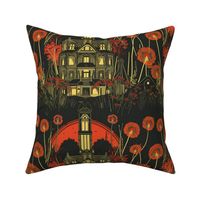 art nouveau red dandelion gothic haunted house