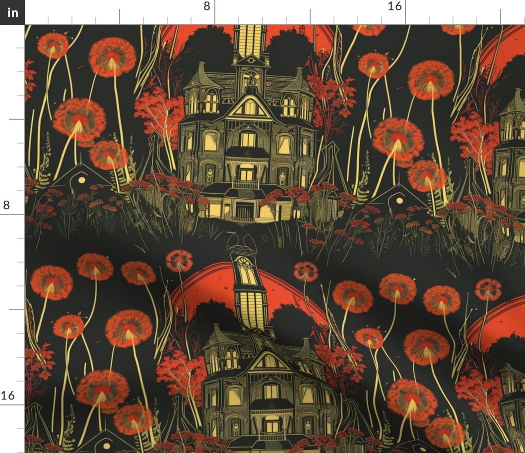 art nouveau red dandelion gothic haunted house