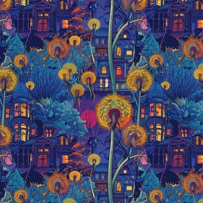art nouveau orange gold dandelion and purple blue haunted house