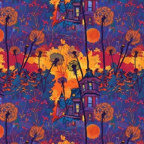 art nouveau orange dandelion botanical and orange purple haunted house