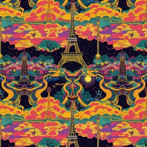 art nouveau psychedelic eiffel tower in tropical summer hues