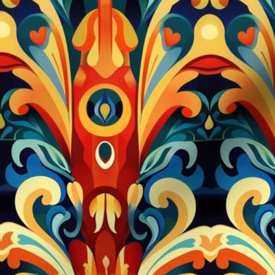 art nouveau flute abstract in orange gold and blue