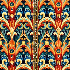 art nouveau flute abstract in orange gold and blue