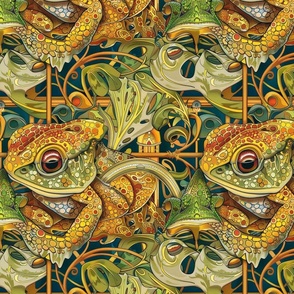 art nouveau lizard toad abstract in green gold botanical