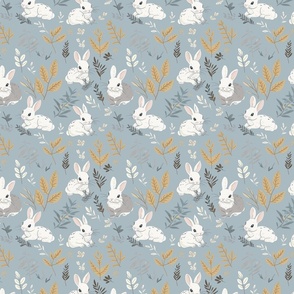 Cute White Bunnies and Leaves on a Blue Pastel Background