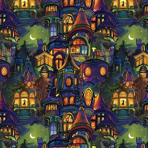 art nouveau haunted house in purple green with a crescent moon