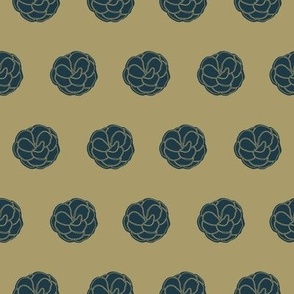 Small Scale Block Print Camelia Flower - Minimalist Coordinate Floral - Forest Green Flowers Grid - Taupe Background