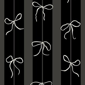 (L) Coquette cream bows on a black vertical striped background