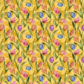Colorful Watercolor Tulips Against Yellow Background