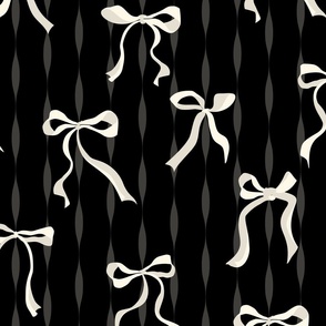 (L) Coquette cream bows on black background with curved stripes