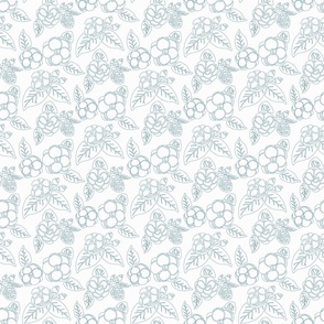 Block Print Camelias - Boho Tossed Floral - Outline Flowers and Foliage - Blue Flowers Line drawing - White Background - Small Scale