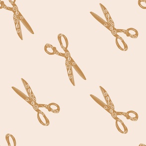 Golden Threads: A Vintage Sewing Linocut, Beige, Gold, Large