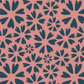  Abstract Starburst Floral - Modern Folk Art - Vibrant Bold Colors - Pink Background - Navy Block Print Petals - Small Scale