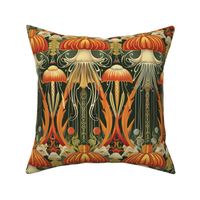art nouveau jellyfish in orange gold and green