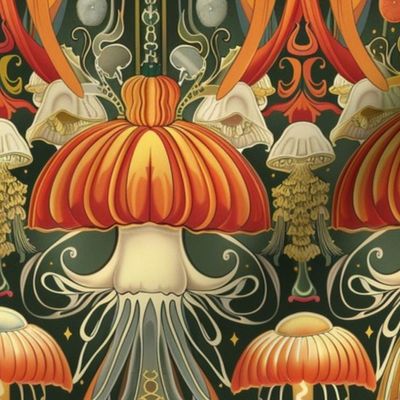 art nouveau jellyfish in orange gold and green