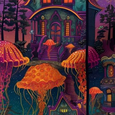 fairy tale cottage in the woods in the jellyfish rain