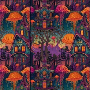 fairy tale cottage in the woods in the jellyfish rain