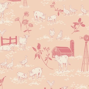 (M) Sweet Little Country Farm Toile de Jouy - Peachy Pink