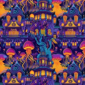 purple blue haunted house in the orange jellyfish rain