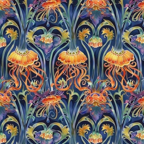 art nouveau jellyfish in orange gold and purple blue