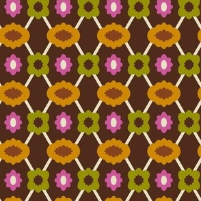 Playful Posies // medium print // Whimsical Flowers & Lattice on Rustic Mahogany Brown