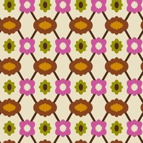 Playful Posies // medium print // Whimsical Flowers & Lattice on Birchwood Beige