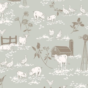 (M) Sweet Little Country Farm Toile de Jouy - Silver Gray