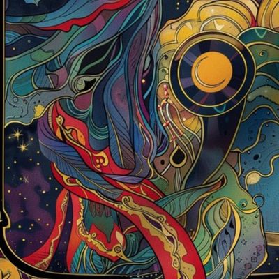 art nouveau full moon witch in blue green and purple