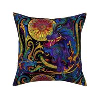 art nouveau wolf and the full mandala moon in red gold and blue