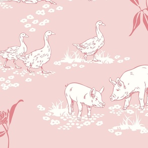 (L) Sweet Little Country Farm Toile de Jouy - Cream/Precious Pink