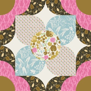 Mod Flower Circles Patchwork_18x18_Natural Gold + Pink