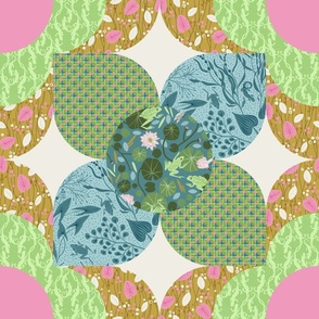 Mod Flower Circles Patchwork 18x18 Garden Green + Pink