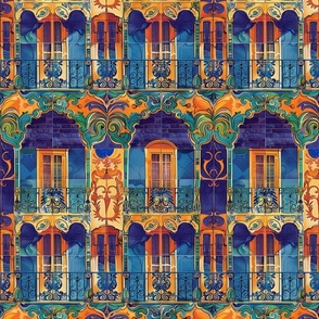 art nouveau blue new orleans balconies and french quarter architecture in orange gold