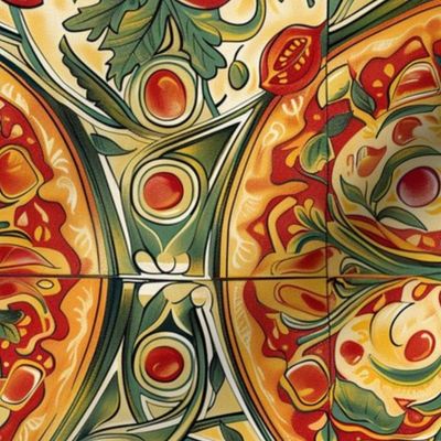 art nouveau tomato pizza pie in red green and brown