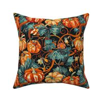 gothic art deco halloween art deco pumpkin patch in orange gold with green botanical