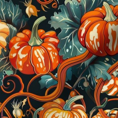 gothic art deco halloween art deco pumpkin patch in orange gold with green botanical