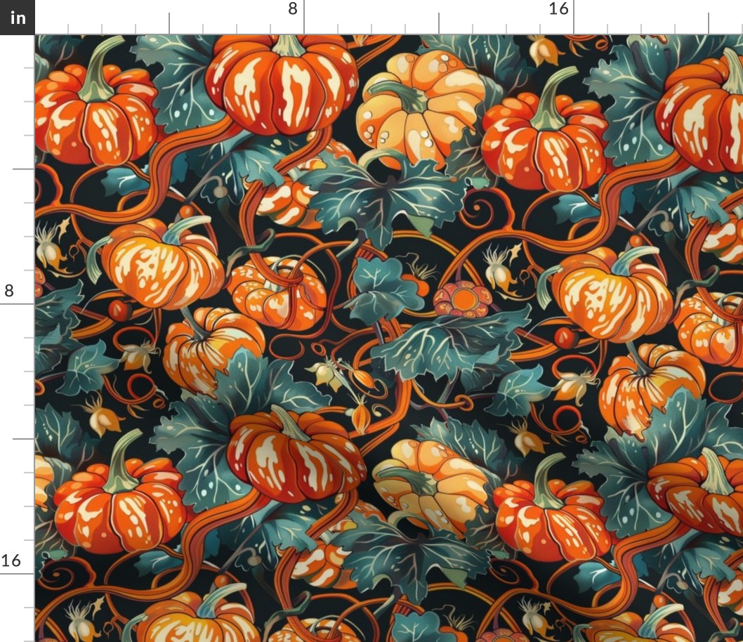 gothic art deco halloween art deco pumpkin patch in orange gold with green botanical