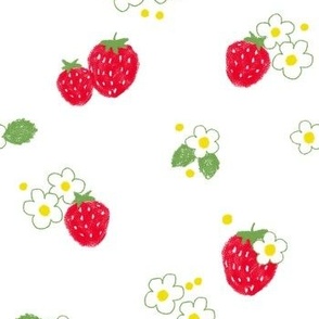 Strawberries with small white flowers on white