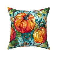 art nouveau pumpkin botanical in orange red and blue green